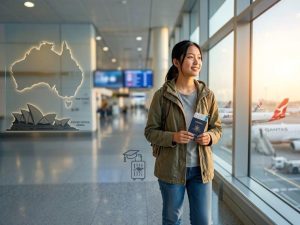 中国女学生在机场拿着护照和登机牌，背景是从中国飞往澳大利亚的示意地图，象征中国学生规划澳洲大学录取、学生签证和移民机会的留学之路